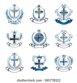 Crosses Religious emblems set. Heraldic Coat of Arms, vintage vector logos collection.