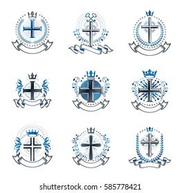 Crosses Religious emblems set. Heraldic Coat of Arms, vintage vector logos collection.