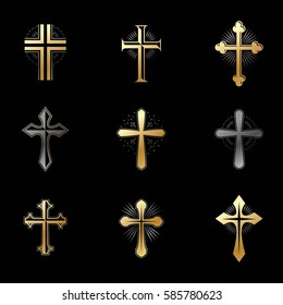 Crosses Religious emblems set. Heraldic Coat of Arms, vintage vector logos collection.