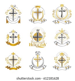 Crosses Religious emblems set. Heraldic Coat of Arms, vintage vector logos collection.