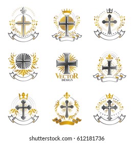 Crosses Religious emblems set. Heraldic Coat of Arms, vintage vector logos collection.