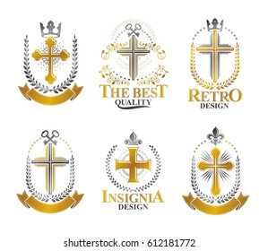 Crosses Religious emblems set. Heraldic Coat of Arms, vintage vector logos collection.
