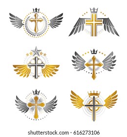 Crosses Religious emblems set. Heraldic Coat of Arms, vintage vector logos collection.