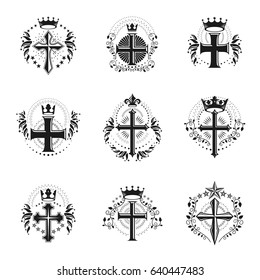 Crosses Religious emblems set. Heraldic Coat of Arms, vintage vector logos collection.