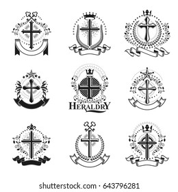 Crosses Religious emblems set. Heraldic Coat of Arms, vintage vector logos collection.
