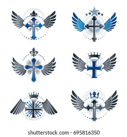 Crosses Religious emblems set. Heraldic Coat of Arms, vintage vector logos collection.