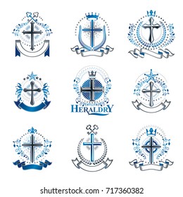 Crosses Religious emblems set. Heraldic Coat of Arms, vintage vector logos collection.