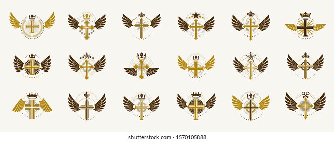 Crosses secrets emblems vector emblems big set, Christian religion heraldic design elements collection, classic style heraldry symbols, antique designs.