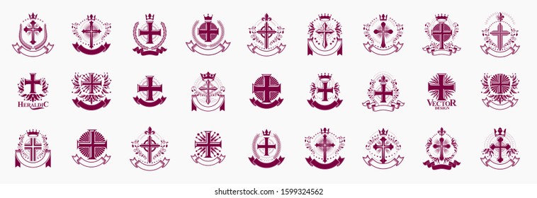 Crosses secrets emblems vector emblems big set, Christian religion heraldic design elements collection, classic style heraldry symbols, antique designs.