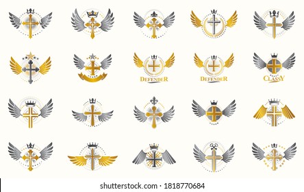 Crosses secrets emblems vector emblems big set, Christian religion heraldic design elements collection, classic style heraldry symbols, antique designs.