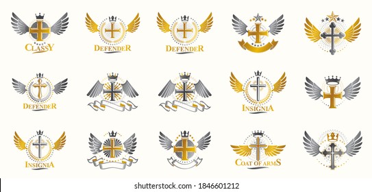 Crosses secrets emblems vector emblems big set, Christian religion heraldic design elements collection, classic style heraldry symbols, antique designs.