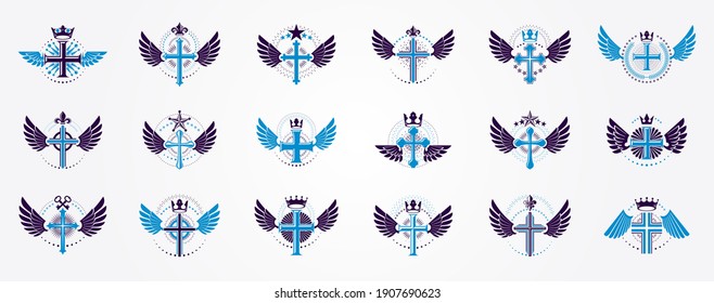 Crosses secrets emblems vector emblems big set, Christian religion heraldic design elements collection, classic style heraldry symbols, antique designs.