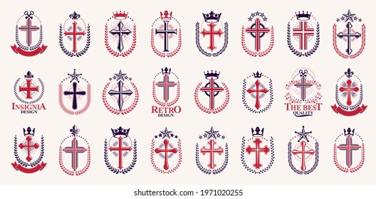 Crosses secrets emblems vector emblems big set, Christian religion heraldic design elements collection, classic style heraldry symbols, antique designs.