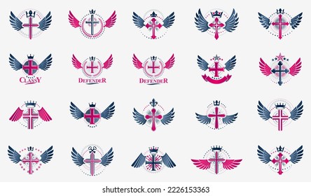 Crosses secrets emblems vector emblems big set, Christian religion heraldic design elements collection, classic style heraldry symbols, antique designs.