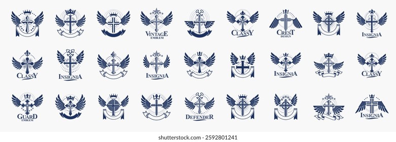 Crosses secrets emblems vector emblems big set, Christian religion heraldic design elements collection, classic style heraldry symbols, antique designs.