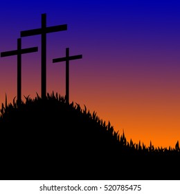 Crosses silhouette in the top of a mountain at sunset
