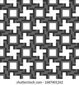 Crosses, squares, figures seamless pattern. Folk wallpaper. Checks, cross shapes, forms ornate. Geometric image. Tribal motif. Ethnic ornament. Textile print, geometry abstract. Geometrical vector.