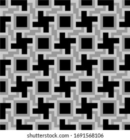 Crosses, squares, figures seamless pattern. Checks, cross shapes, forms ornate. Geometric image. Folk wallpaper. Tribal motif. Ethnic ornament. Textile print, geometry abstract. Geometrical vector.