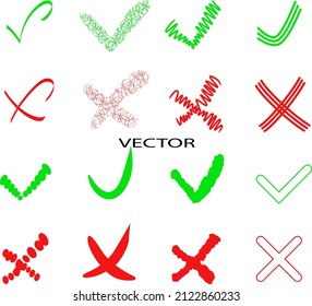 Crosses and ticks. Confirm and refute. Approved check mark rejected cross red and green, vector