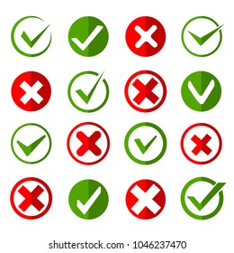 Crosses and ticks signs. Green tick and red cross, ok and crossing checkmark vector icons in flat style