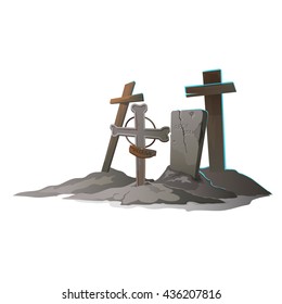 Crosses and tombstones in the old cemetery isolated on white background. Vector cartoon close-up illustration.