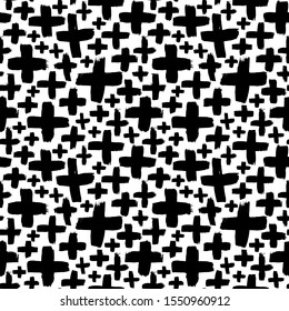 Crosses vector seamless pattern. Black and white grunge texture with pluses or x. Abstract background with brush strokes. Geometrical seamless pattern for wallpaper, web, design or textile