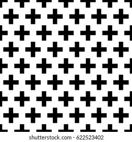 Crosses wallpaper. Repeated black figures on white background. Seamless surface pattern design with polygons. Mosaic motif. Digital paper for page fills, web designing, textile print. Vector art.