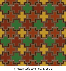Crosses wallpaper. Repeated color plus signs on brown background. Seamless surface pattern design with polygons. Mosaic motif. Digital paper for page fills, web designing, textile print. Vector art.