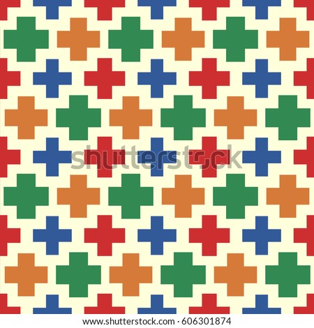 Crosses wallpaper. Repeated color plus signs on white background. Seamless surface pattern design with polygons. Mosaic motif. Digital paper for page fills, web designing, textile print. Vector art.