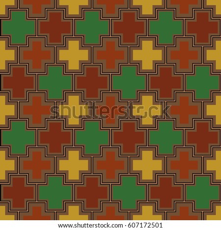 Crosses wallpaper. Repeated color plus signs on brown background. Seamless surface pattern design with polygons. Mosaic motif. Digital paper for page fills, web designing, textile print. Vector art.