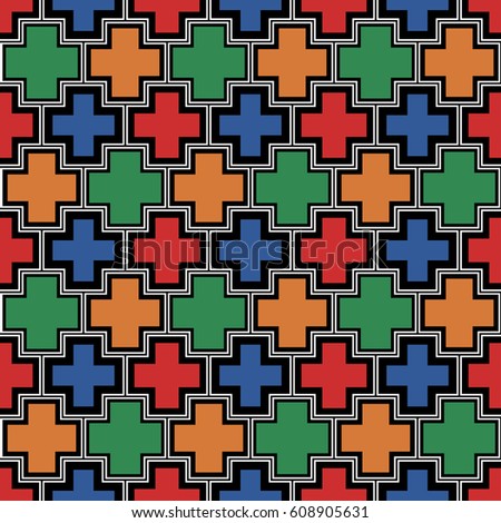 Crosses wallpaper. Repeated color plus signs on white background. Seamless surface pattern design with polygons. Mosaic motif. Digital paper for page fills, web designing, textile print. Vector art.