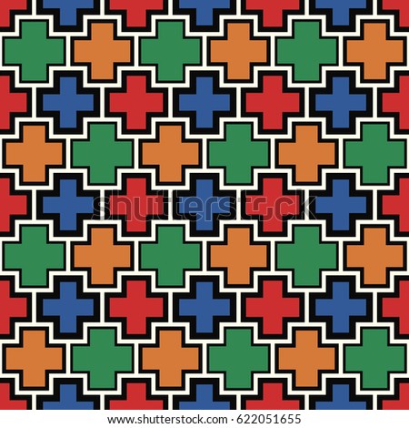 Crosses wallpaper. Repeated color plus signs on white background. Seamless surface pattern design with polygons. Mosaic motif. Digital paper for page fills, web designing, textile print. Vector art.