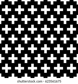 Crosses wallpaper. Repeated white figures on black background. Seamless surface pattern design with polygons. Mosaic motif. Digital paper for page fills, web designing, textile print. Vector art.