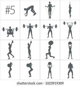 Crossfit concept. Vector silhouettes of people doing fitness and crossfit workouts in many different position. Active and healthy life concept