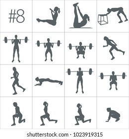 Crossfit concept. Vector silhouettes of people doing fitness and crossfit workouts in many different position. Active and healthy life concept