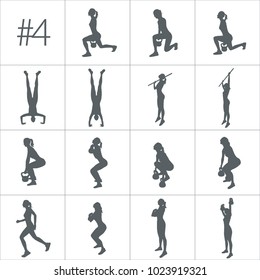 Crossfit concept. Vector silhouettes of people doing fitness and crossfit workouts in many different position. Active and healthy life concept