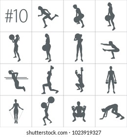 Crossfit concept. Vector silhouettes of people doing fitness and crossfit workouts in many different position. Active and healthy life concept