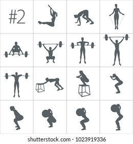 Crossfit concept. Vector silhouettes of people doing fitness and crossfit workouts in many different position. Active and healthy life concept