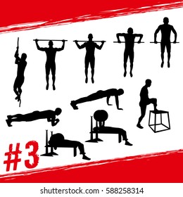 Crossfit concept. Vector silhouettes of people doing fitness and crossfit workouts in many different position. Active and healthy life concept