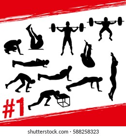 Crossfit concept. Vector silhouettes of people doing fitness and crossfit workouts in many different position. Active and healthy life concept