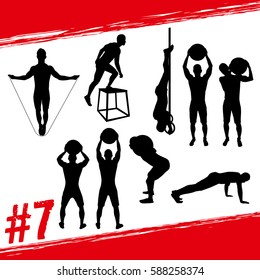 Crossfit concept. Vector silhouettes of people doing fitness and crossfit workouts in many different position. Active and healthy life concept