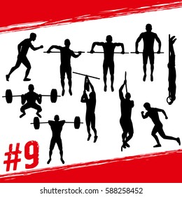 Crossfit concept. Vector silhouettes of people doing fitness and crossfit workouts in many different position. Active and healthy life concept svg