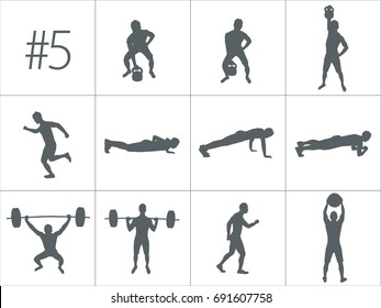 Crossfit concept. Vector silhouettes of people doing fitness and crossfit workouts in many different position. Active and healthy life concept