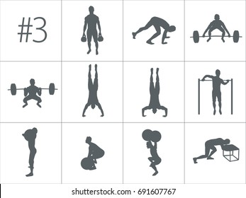 Crossfit concept. Vector silhouettes of people doing fitness and crossfit workouts in many different position. Active and healthy life concept