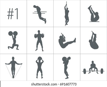 Crossfit concept. Vector silhouettes of people doing fitness and crossfit workouts in many different position. Active and healthy life concept