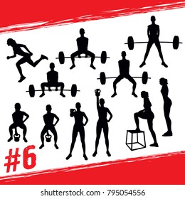 Crossfit concept. Vector silhouettes of people doing fitness and crossfit workouts in many different position. Active and healthy life concept