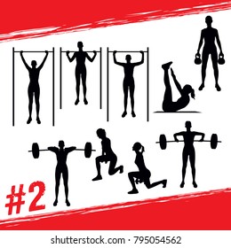 Crossfit concept. Vector silhouettes of people doing fitness and crossfit workouts in many different position. Active and healthy life concept