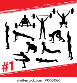 Crossfit concept. Vector silhouettes of people doing fitness and crossfit workouts in many different position. Active and healthy life concept