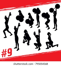 Crossfit concept. Vector silhouettes of people doing fitness and crossfit workouts in many different position. Active and healthy life concept