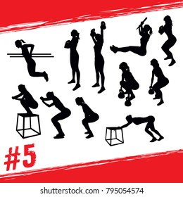 Crossfit concept. Vector silhouettes of people doing fitness and crossfit workouts in many different position. Active and healthy life concept